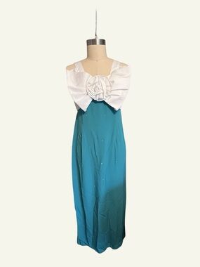 Vintage 60s White Bow Maxi Dress with Teal Skirt and Rhinestones